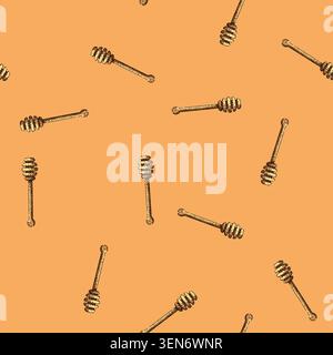 pattern Line art drawing depicting a classic wooden honey dipper stick, showcasing a traditional kitchen utensil for serving natural liquid sweeteners Stock Vector
