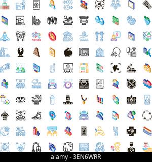 Diverse isometric icon set depicting industry, medical, tech, transport, environment and lifestyle elements for web and app interfaces, ui design, bus Stock Vector