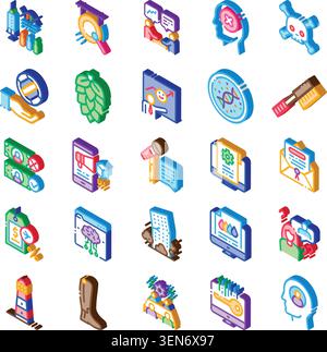 Colored isometric icons demonstrating a broad range of abstract concepts, including science, business, health, and technology, forming a comprehensive Stock Vector