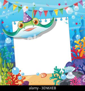 Cute cartoon stingray holds a blank white note in a vibrant underwater coral reef. Stock Vector
