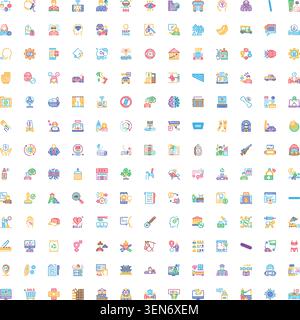 Large collection of flat design vector icons representing various business, technology, finance, communication, education, and lifestyle themes on a w Stock Vector
