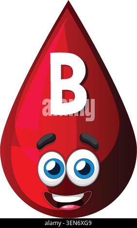 Smiling cartoon blood drop character with large eyes and bold letter B for blood type. Stock Vector