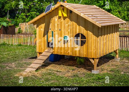 Chicken coop in a garden with green grass Stock Photo
