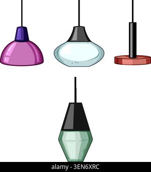 Colorful hanging pendant lights in assorted shapes and vibrant hues, illuminating modern interiors and contemporary home decor with stylish, graphic, Stock Vector