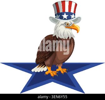 Patriotic bald eagle wearing a stars and stripes hat standing on a blue star. Stock Vector