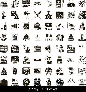 Collection of modern minimalist glyph icons representing various concepts across business, economy, logistics, environmental protection, public servic Stock Vector