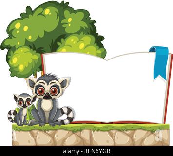 Cartoon lemurs sit beside open blank book, tree backdrop, bright colors, vector illustration Stock Vector