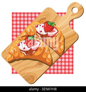 Two croissants with whipped cream and strawberries on a wooden board, vector illustration style Stock Vector