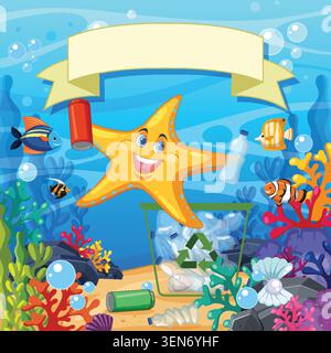 Cheerful starfish character collects plastic waste into recycling bin on vibrant coral reef seabed. Stock Vector
