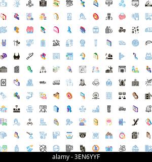 Large isometric icon set displaying diverse conceptsbusiness, finance, health, education, travel, tech, communication, ecology and everyday services f Stock Vector