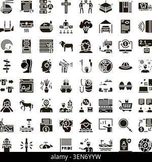 Glyph icons providing a visual representation of diverse themes including business. Health. Food. City life. Animals. Transportation. Finance. And web Stock Vector