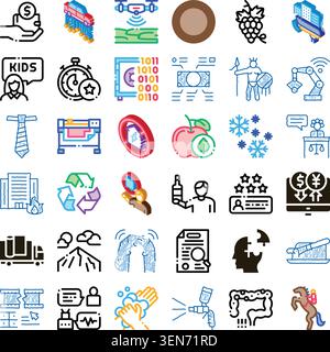 Diverse collection of line and isometric icons presenting modern themes including finance, education, technology, health, law, nature, industry, commu Stock Vector