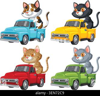 Four cartoon cats perched on blue, yellow, red, and green pickup trucks, bright vector style Stock Vector