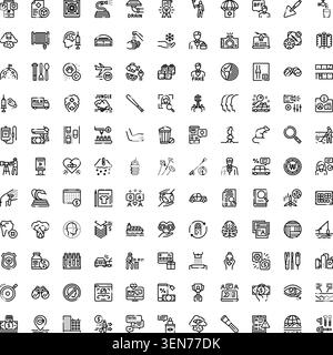 Large grid displaying a wide variety of black and white line art icons, covering business, finance, medical, technology, nature, and everyday objects Stock Vector