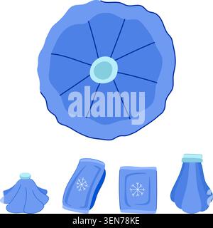 Different types of blue ice packs and cold compresses featuring snowflake symbols, useful for treating injuries, providing pain relief, and reducing s Stock Vector