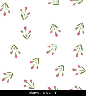 pattern stylized plant showing three flower buds with vibrant pink petals emerging from green sepals, connected by thin stems and flanked by two broad Stock Vector