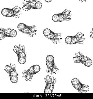 seamless pattern wasabi root cut hand drawn. green sushi, food japan, ingredient asian, organic horseradish, gourmet raw wasabi root cut black sketch Stock Vector
