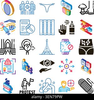 Set of diverse isolated conceptual vector icons depicting themes such as healthcare, surveillance, protest, travel, law, and personal well being, suit Stock Vector