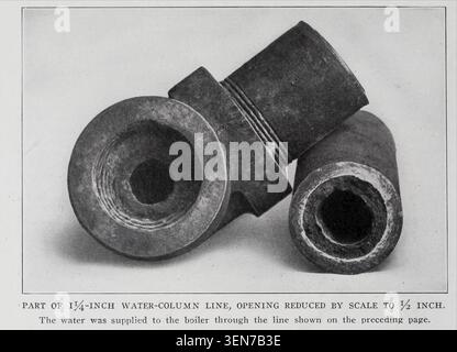 Boiler water column pipe interior choked with hard mineral deposits, showing the significant reduction in water flow caused by lime scale buildup and corrosion over time. From the Article WATER FOR ECONOMICAL STEAM GENERATION. By J. C. Wm. Greth. From The Engineering Magazine Devoted to Industrial Progress Volume XXXIV October 1907 - March 1908 The Engineering Magazine Co. Stock Photo