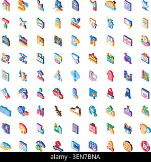 Collection of colorful isometric icons illustrating various concepts from business, finance, technology, communication, and social services, ideal for Stock Vector