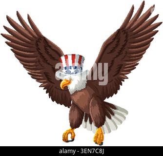 A majestic bald eagle wearing an American flag hat in a bold patriotic vector illustration. Stock Vector