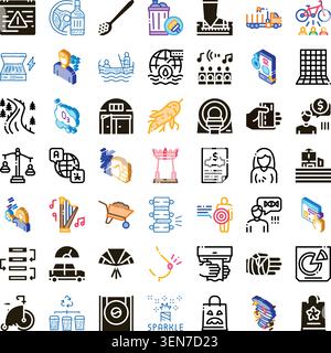 Big collection of various flat and isometric line icons illustrating themes like business, technology, social issues, ecology, health, and education f Stock Vector