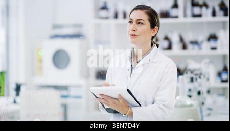 Woman, biologist and thinking in lab with clipboard, medical research and results for investigation. Female person, paperwork and idea for science Stock Photo