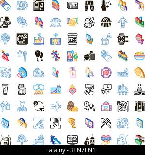 Set of assorted glyph, outline, flat and isometric icons representing business, digital services, healthcare, food, travel and everyday concepts on a Stock Vector
