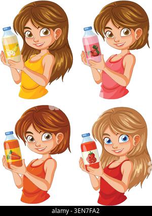 Four cartoon girls smiling and holding fruit juice bottles, bright colors, white background, vector art Stock Vector