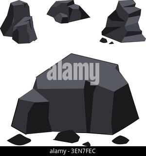 Various dark gray and black coal and ore rock shapes in different sizes on white background, vector style graphic elements representing mining, energy Stock Vector