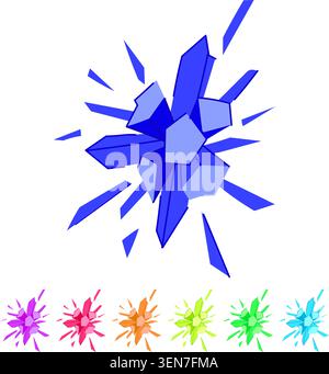 Abstract showing a dynamic explosion of blue ice shards and geometric crystal shapes bursting outwards, creating a powerful freezing effect with froze Stock Vector
