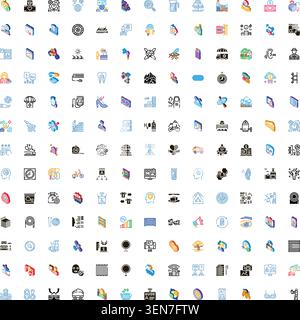 Set of assorted isometric and flat icons illustrating a wide range of business, technology, lifestyle, and abstract concepts for modern digital applic Stock Vector