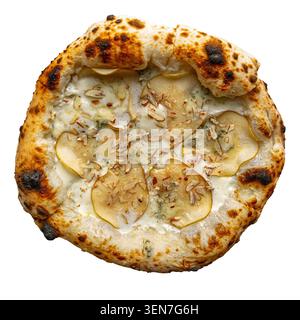 Pear and blue cheese pizza isolated on white Stock Photo