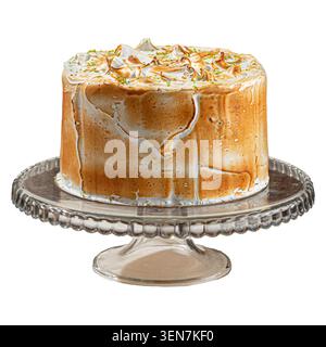 Toasted meringue cake on glass stand isolated Stock Photo