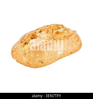 Fresh artisan bread loaf with mixed seeds isolated on white background, rustic bakery product with crispy crust and soft crumb. Stock Photo
