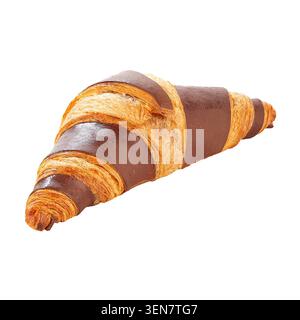 Buttery croissant with chocolate filling isolated on white background, close-up bakery pastry. Stock Photo