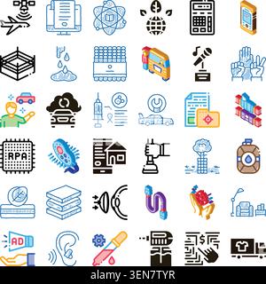 Collection of conceptual line art icons illustrating diverse modern technology services, digital business solutions, health, logistics, and communicat Stock Vector