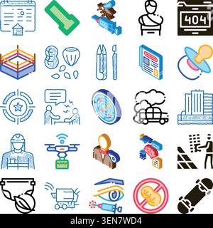 Variety of isometric hand drawn style icons illustrating concepts from health, technology, sports, medicine, urban life, and industry in a creative gr Stock Vector