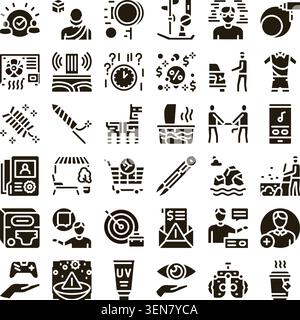 Set of glyph icons illustrating various concepts including teamwork, technology, finance, celebration, entertainment, services, and health, for web an Stock Vector