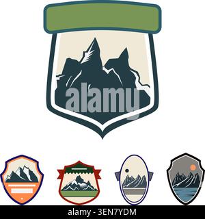 Set of minimalist mountain crest badges, ideal for travel, hiking, and nature themed logos, featuring stylish vintage inspired design elements for out Stock Vector