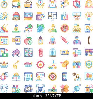 Colorful linear icon set illustrating diverse conceptstravel, health, finance, business, technology, nature, food, transport, communication, education Stock Vector