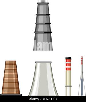 Industrial chimneys and cooling towers stand as essential structures in power generation and heavy industry, symbolizing energy production, environmen Stock Vector