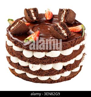 Chocolate layer cake with cream and strawberries Stock Photo