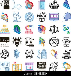 Set of vector icons illustrating a wide range of signs and symbols, covering different fields like communication, education, technology, and financial Stock Vector
