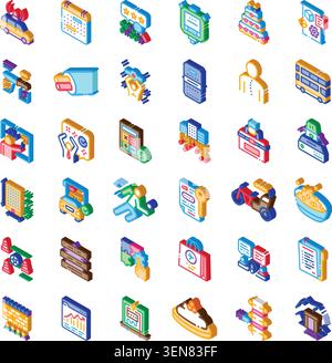 Isometric icon collection displaying various concepts including business, technology, finance, strategy, logistics, healthcare, data, and transportati Stock Vector