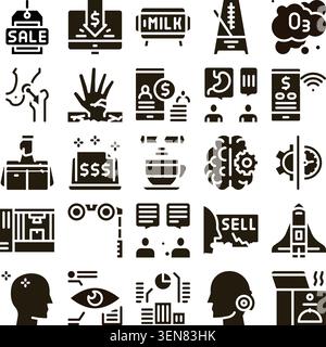 Variety of black and white glyph icons covering commerce, technology, health, science, finance, marketing and creativity for infographics, web design, Stock Vector