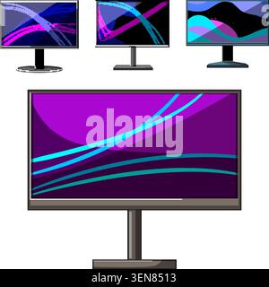 Various modern computer screens and desktop displays showcase vibrant abstract wallpapers, illustrating connectivity, technology, and digital design c Stock Vector