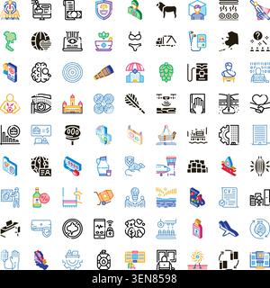 Large grid displaying various isometric and line icons representing concepts like business, technology, finance, health, environment, education, and t Stock Vector