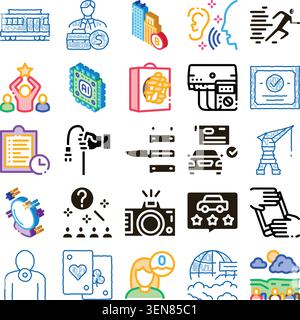 Set of diverse vector icons depicting concepts from artificial intelligence and financial success to transportation, education, gaming, and daily life Stock Vector