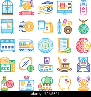 Collection of outline icons representing various concepts including business, health, technology, environment, education, and lifestyle, illustrating Stock Vector